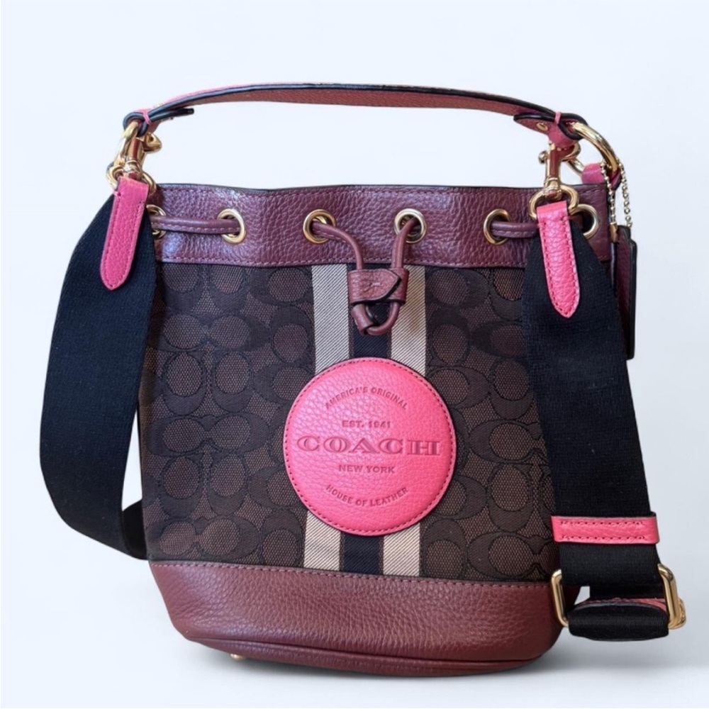 Coach Brown Signature Bucket Bag with Pink Accents